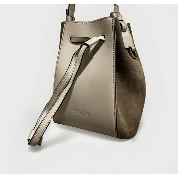 Furla Bucket‎ Bag Small Grey Calf Leather Suede Miastella Chic Modern Designer - Picture 2 of 16